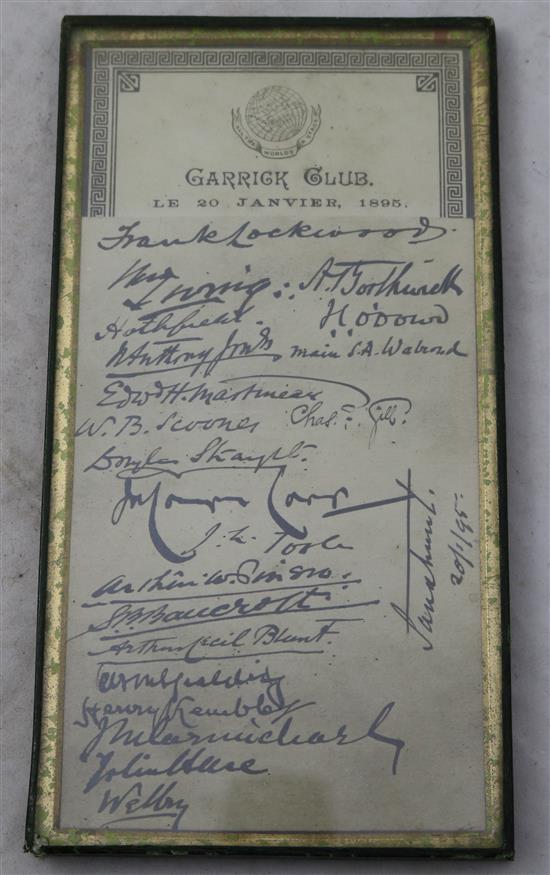 Garrick Club 1895 and 1900 signed cards and a gilt metal plaque for the Empress Club 1897, 7.25in.